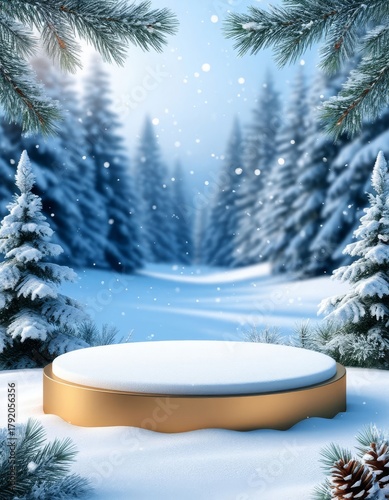 Golden christmas product podium new seasonal items in snowy winter forest, pine trees and falling snow for elegant holiday marketing display product card podium copy space marketplace background
