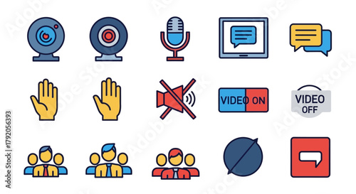 A colorful set of filled outline icons for video conferencing and online meetings, including webcam, microphone, chat, and mute symbols.