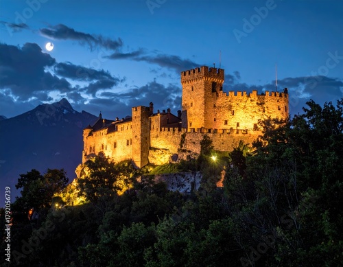 Lit castle atop a hill, moon shining in the night sky
