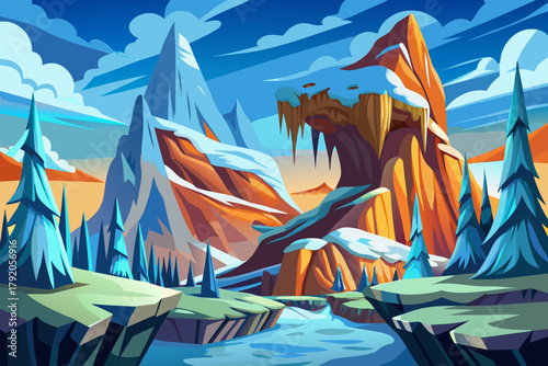 Sharp rocky cliffs covered cartoon vector background with snow and frozen icicles in dramatic mountain light