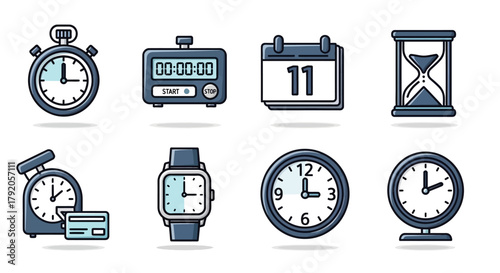 Collection of Time-Related Icons - Stopwatch, Digital Timer, Calendar, Hourglass, Clocks, Wristwatch, Flat Line Art Style.