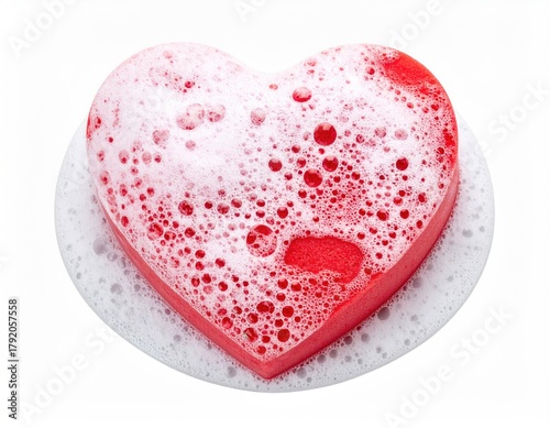 Red heart-shaped soap covered in bubbly white foam