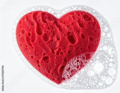 Red heart-shaped sponge in soapy bubbles