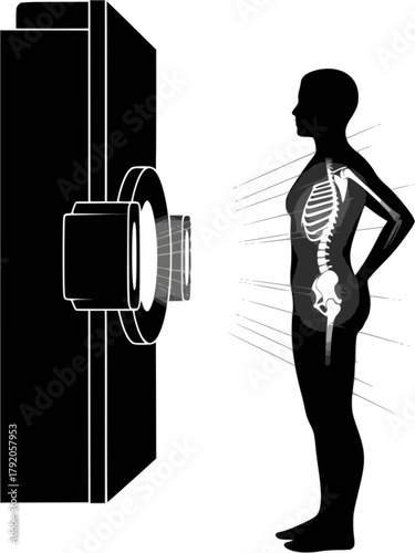 X-ray machine scanning a human torso silhouette with visible skeleton, representing medical imaging and diagnosis: Design for hospital, health article or radiology clinic logo, EPS version