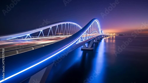 Modern bridge illuminated at night with streaking car lights over water