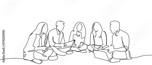 Groups of students sit together in one continuous line. simple outline vector illustration. Editable stroke.
