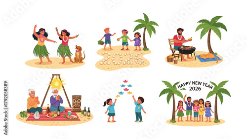 Island Moments: A collection of vibrant illustrations showcasing various island activities, from lively dances and friendly gatherings to festive barbecues and heartwarming new year celebrations. 