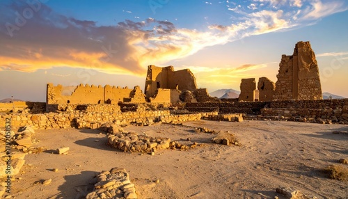 Desert ruins silhouetted at sunset, crumbling stone walls