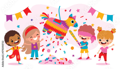 Funny Cartoon Kid Hitting Pinata