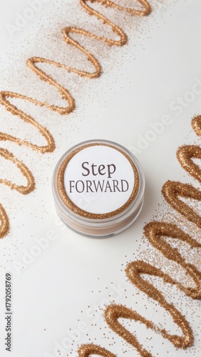 Cosmetics jar with step forward label and glitter swirl