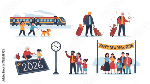 New Year's Travel Set: Illustrative scenes of people embarking on travel, featuring themes of trains, pets, festive celebrations and family joy, capturing the excitement of New Year's travel