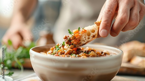A hand dipping a crusty piece of bread into a bowl of lentil soup.