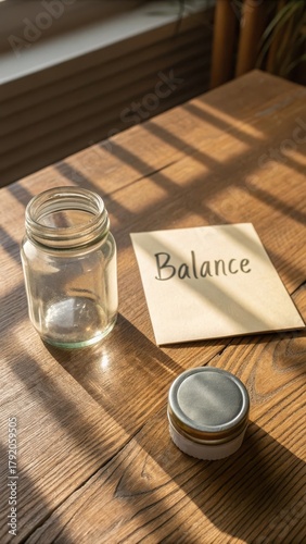 Empty glass jar next to a note saying Balance on wooden surface