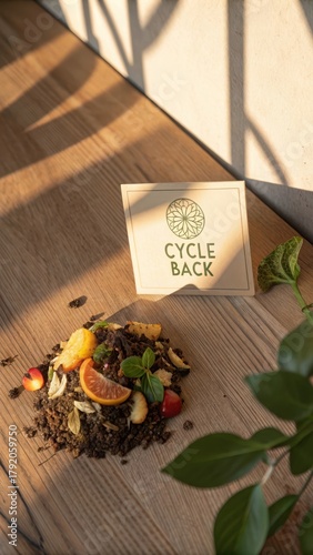 Flat Lay Composition Showing Composting Food Cycle on Wooden Surface