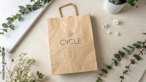 Flat lay of brown paper shopping bag with CYCLE logo