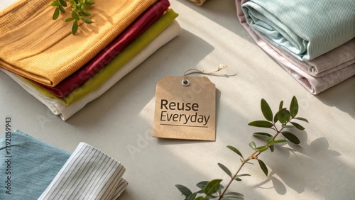 Flat Lay of Folded Cloth Squares with a Reuse Everyday Tag