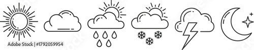 Weather icons depicting sunny, cloudy, rainy, snowy, stormy, and night conditions.