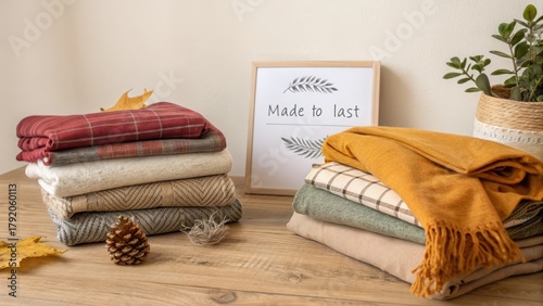 Flat lay of secondhand textile folds next to made to last sign