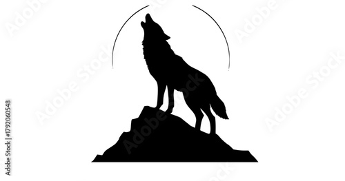a silhouette of a wolf standing on a rocky ledge, with a circular silhouette behind itanimal, black, coyote, illustration, profile, stand, stone, wolf 