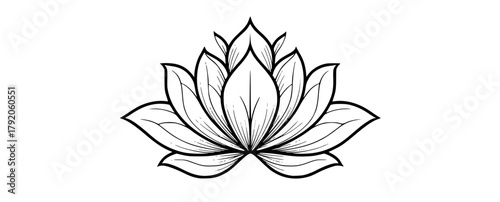 a black and white line drawing of a lotus flowerblack, design, flower, illustration, logo, lotus, petal, symbol, tattoo, water lily, white 
