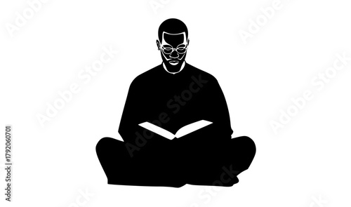a silhouette of a man sitting on the floor, reading a bookblack, floor, gasmask, hacker, illustration, man, mask, person, profile, robe, sit, wear 