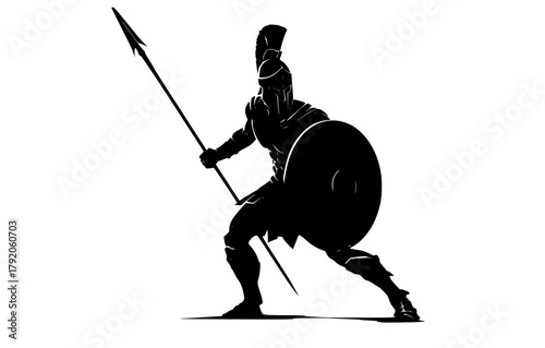 a silhouette of a spartan warrior holding a spear and shieldancient, armor, black, catch, gladiator, hand, illustration, man, profile, shield, spear, sword, warrior, weapon, wield 