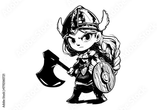 a chibi-style illustration of a female viking character holding an axe and shieldarmor, ax, catch, girl, hammer, helmet, illustration, shield, sword, warrior, woman 