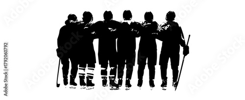 a group of silhouettes of hockey players standing in a circleblack, cane, illustration, man, person, profile, ski, ski equipment, ski pole, skier, stand 