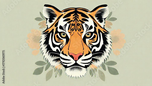 Siberian tiger head vector illustration portrait of a striped wild cat mammal with black stripes