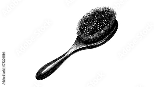 a black and white drawing of a wooden spoon with a brush headblack, brush, comb, hairbrush 
