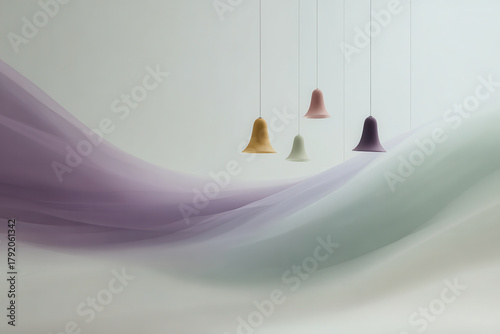 imagine stunning visual composition featuring shimmering bells resonating with virtual sound waves creating