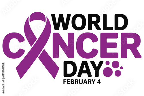 World Cancer Day Awareness: A symbolic purple ribbon entwined with bold typography, commemorating World Cancer Day on February 4th, representing global unity against cancer.