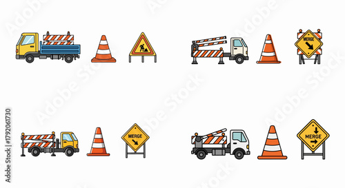 Construction site icons with roadwork and merge signs