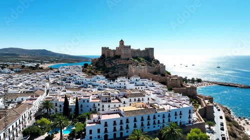Aerial View of Conil De La Frontera With Castillo De Guzman El Bueno on Coast, Cadiz, Spain