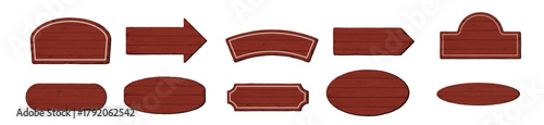 Blank signboard isolated various shapes made from cut timber panels red color painted graphic illustrated. Set of nameplate red wooden texture pattern frame.