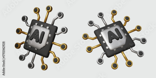 3D AI Icon Set: Essential collection of high-quality microchip illustrations for technology, software development, and future innovation projects.