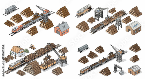 Lumber industry scene with train and loading crane