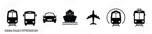 Air, Auto, Railway Transport Silhouette Icon Set. Stop Station Sign for Public Transport Glyph Pictogram. Car, Bus, Tram, Train, Metro, Plane, Ship Icon in Front View. Isolated Vector Illustration.