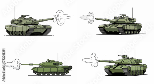 Military tank firing with smoke and action poses