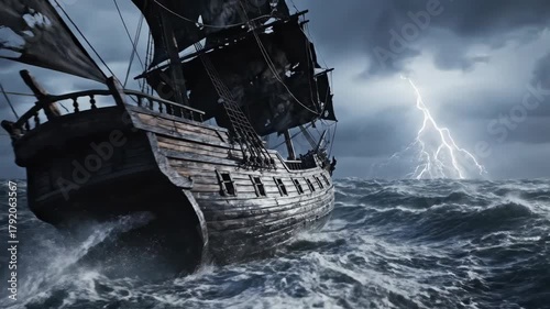 A powerful scene of a pirate ship battling rough waves amid a violent thunderstorm