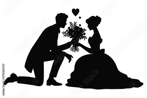 Romantic Proposal Silhouette: A man kneels, offering a bouquet to a woman, symbolizing love and commitment, set against a classic backdrop. The silhouettes evoke timeless romance.