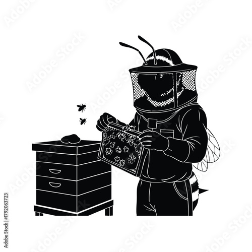 Beekeeper Silhouette on White Background Inspecting Honeycomb Frame Near Beehive and Flying Bees in Apiary