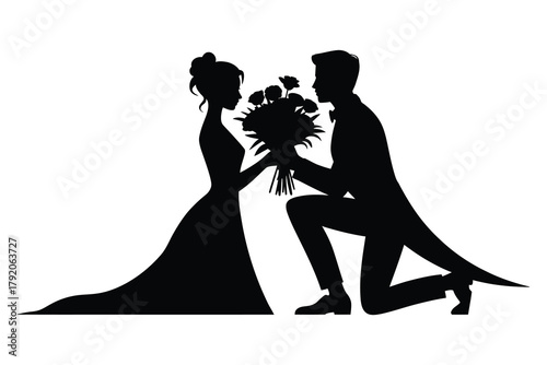 Eternal Vows Silhouette: A romantic silhouette captures a groom on bended knee offering a bouquet to his bride. The image evokes feelings of love and commitment. 