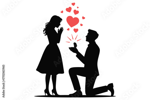Silhouette Proposal: A romantic illustration capturing a man kneeling in proposal to the love of his life, with heart-shaped symbols rising above them.
