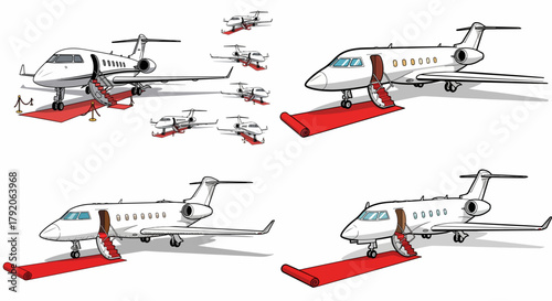 Private jet concept with multiple views and red carpet