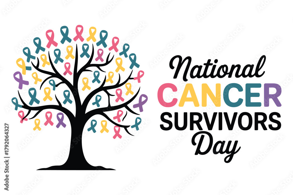 Obraz premium National Cancer Survivors Day: A symbolic representation for Cancer Survivors Day, featuring a tree adorned with colorful ribbons signifying hope and unity.
