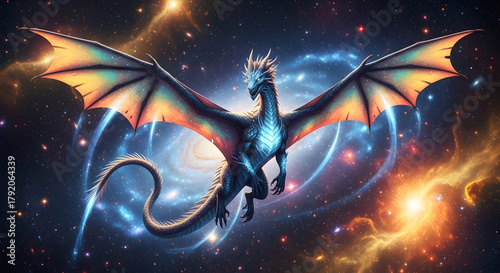 Fototapeta Naklejka Na Ścianę i Meble -  Majestic dragon soars through a vibrant cosmic nebula blending fantasy and space elements 22081463 1