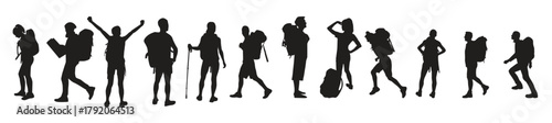 Collection of hiker in mountains silhouettes in different poses
