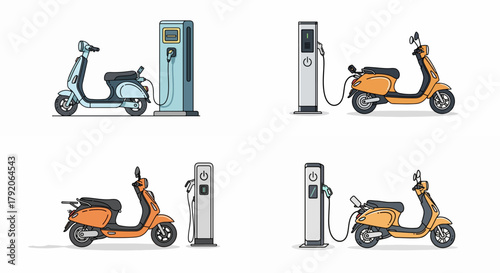 Electric scooter charging stations in various views