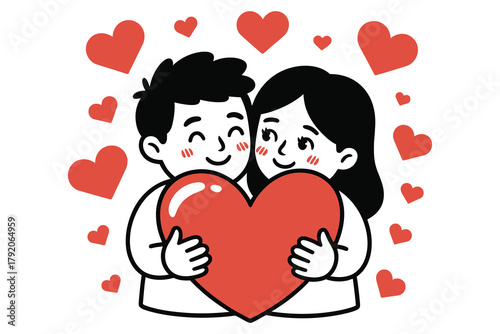 Endearing Embrace of Love: A radiant couple holds a shared heart, symbolizing love, affection, and the bond they share. Surrounded by floating hearts, it embodies the spirit of Valentine's Day.
